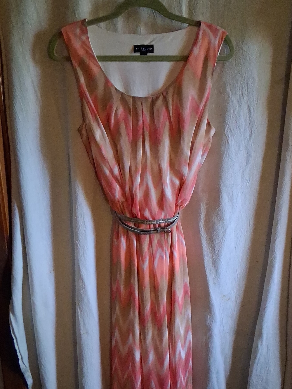 I.N. Studio Coral and Cream Chevron Maxi Dress with Slim Belt